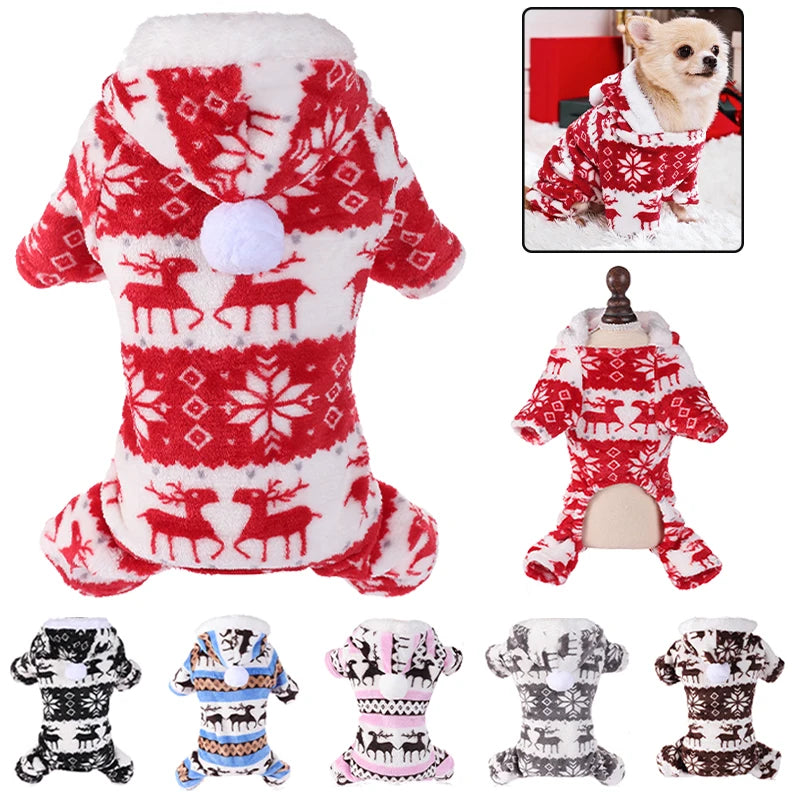 Winter Dog Christmas Jumpsuit Clothes Warm Plush Pet Pajamas for Small Medium Dogs Cats Overalls Puppy